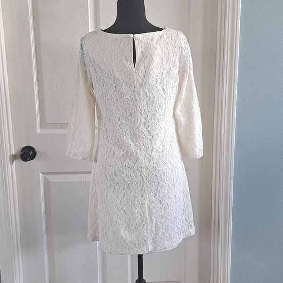 Sequin Heart Lined Lace Stretch Shift 3/4 Sleeve Chic Fitted Formal Dress - Picture 4 of 10